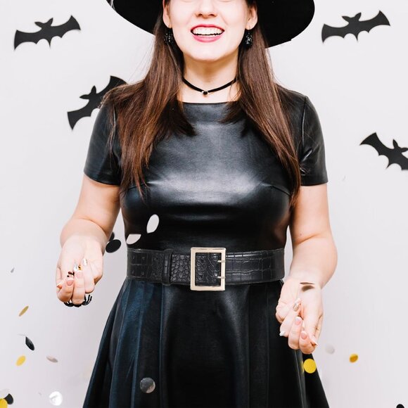 Women Leather Wide Fashion Thick Dress Belt With Gold Buckle Belt Black Gold - Picture 5 of 7